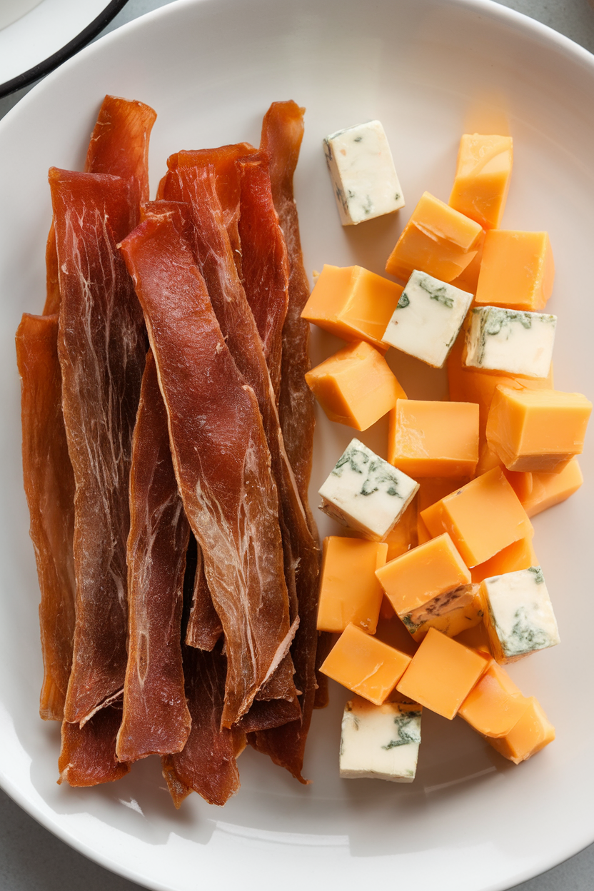 Photo of an indoor snack plate featuring turkey jerky strips and cubes of low-fat cheddar, arranged neatly, no branding evident.