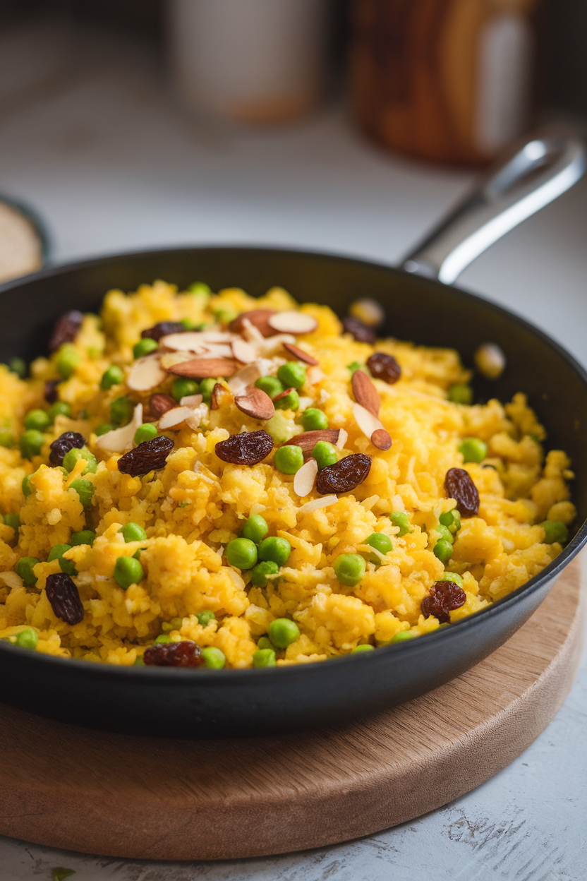 Indoor skillet containing bright yellow cauliflower rice mixed with peas, almonds, and raisins. No text or logos visible.