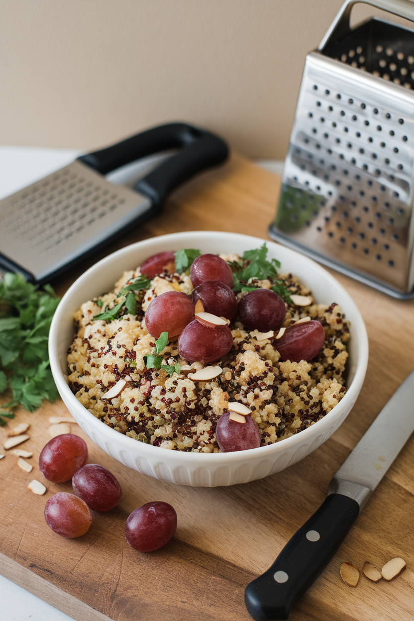 Photo of an indoor setting showcasing a bowl of fluffy tricolor quinoa mixed with halved red grapes, chopped parsley, and slivered almonds. No text or logos.