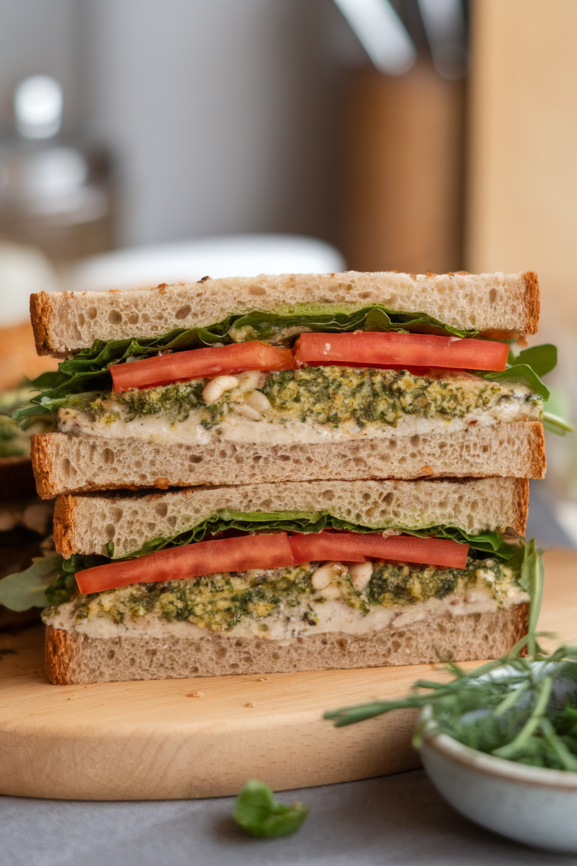 An indoor photo of a whole-grain sandwich sliced in half, revealing broccoli white-bean pesto, sliced tomato, and leafy greens. No text or logos.