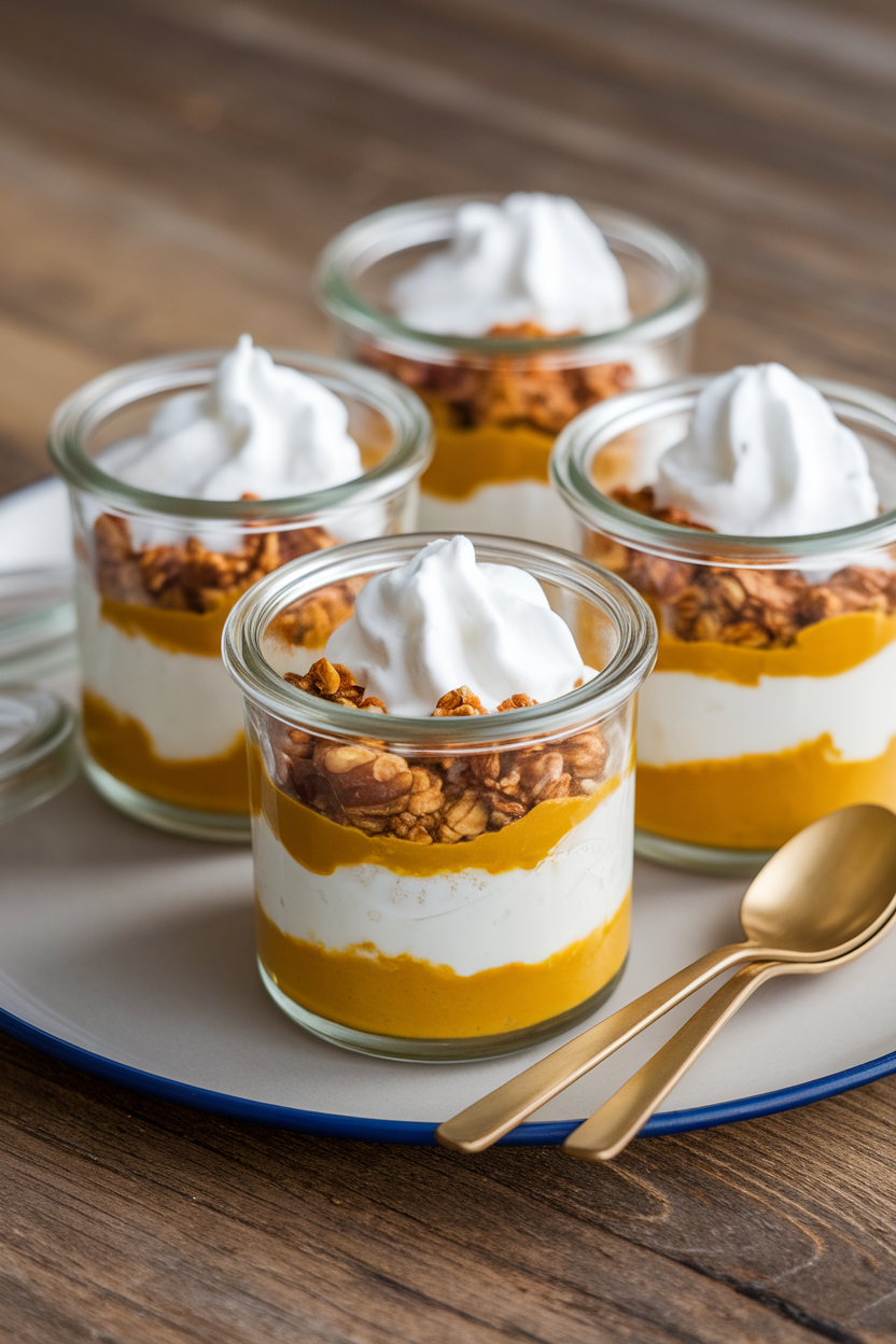 An indoor breakfast tray displaying small glass jars layered with pumpkin yogurt, granola, and whipped cream, tiny gold spoons resting alongside. Photo, no text or logos.