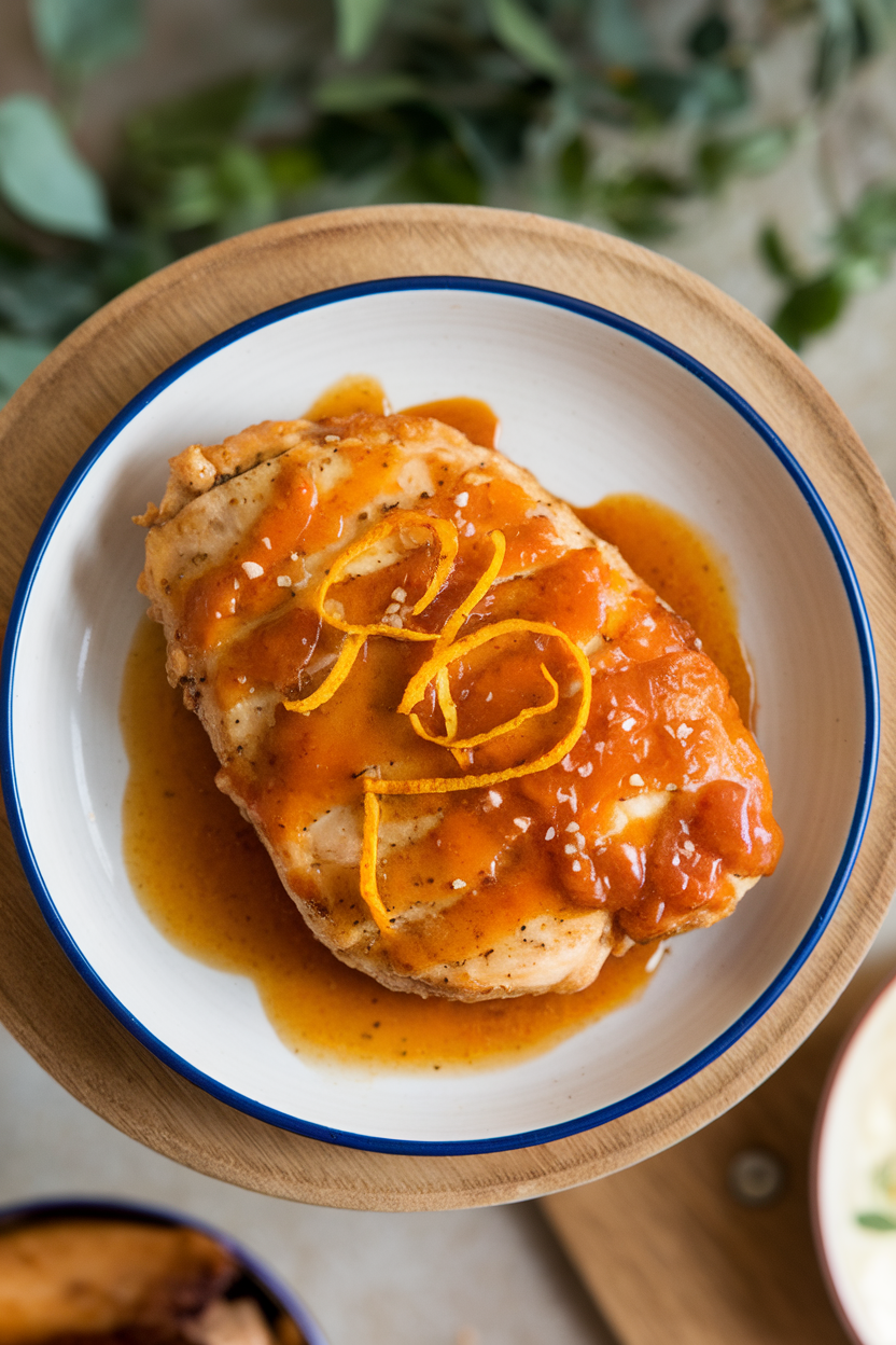 Indoor plate showing air-fried chicken breast glazed with orange-ginger sauce, thin orange zest strips on top, overhead shot. No text or logos.