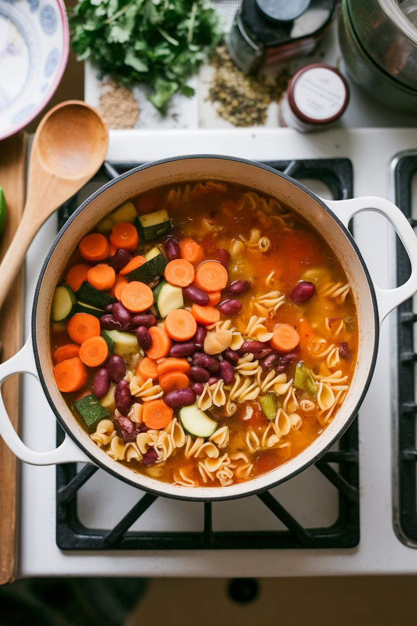 Indoor stovetop view of a pot of vibrant minestrone filled with carrots, zucchini, beans, and ditalini pasta, ladle resting on the side. No text or logos; photo.