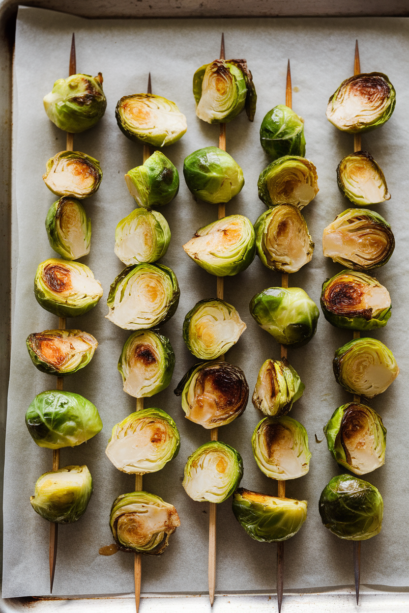 Indoor photo of short wooden skewers threaded with roasted Brussels sprout halves, lightly glazed and caramelized, set on a parchment-lined tray. No text or logos visible.