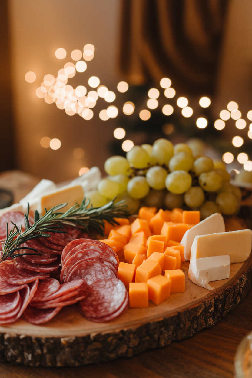 A warmly lit indoor table featuring a wooden board loaded with sliced salami, sharp cheddar cubes, Swiss wedges, green grapes, and sprigs of rosemary; soft bokeh Christmas lights in the background, no text or logos, photo style