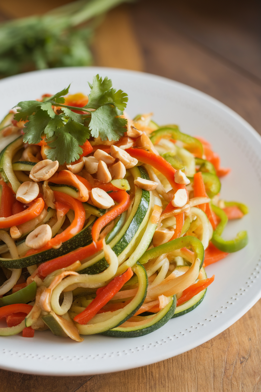 Indoor photo of colorful zucchini noodles tossed with carrots, bell peppers, and peanuts in a light sauce, no text or logos.