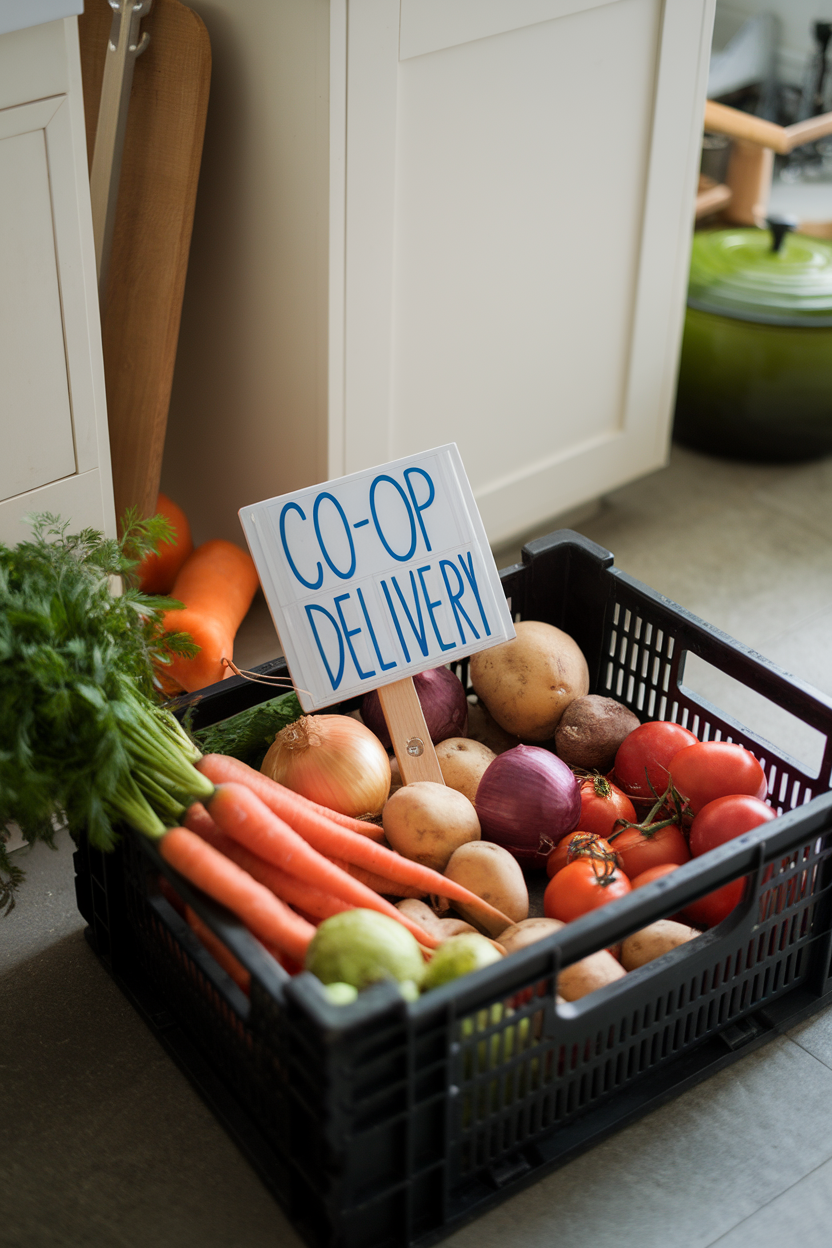A crate of assorted fresh vegetables on a kitchen floor with a sign “co-op delivery” turned away from camera, indoor photo, no text or logos