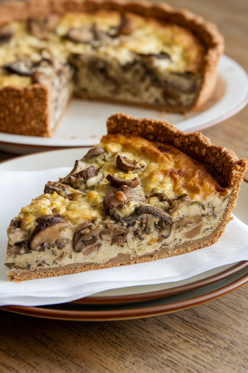 A slice of mushroom-leek quiche with visible oat crust edges on an indoor plate. No text or logos.