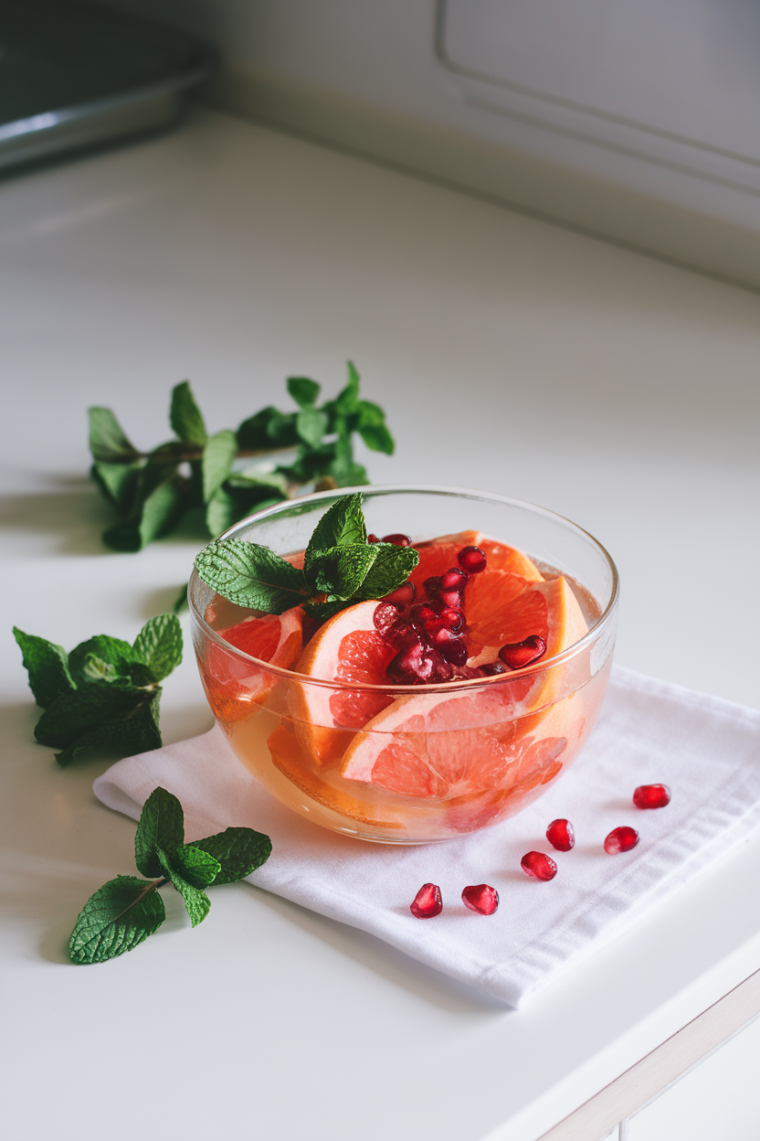 A bright indoor counter with a clear glass bowl containing grapefruit segments, pomegranate seeds, and fresh mint leaves glistening with light syrup. No text or logos; photo.