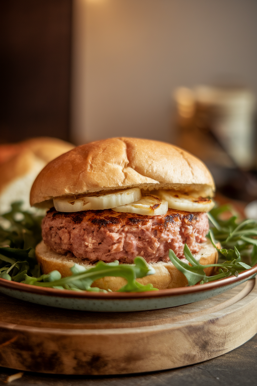 Photo of a turkey burger infused with roasted garlic, served on a plate with arugula, indoor lighting; no text or logos; photo, not illustration