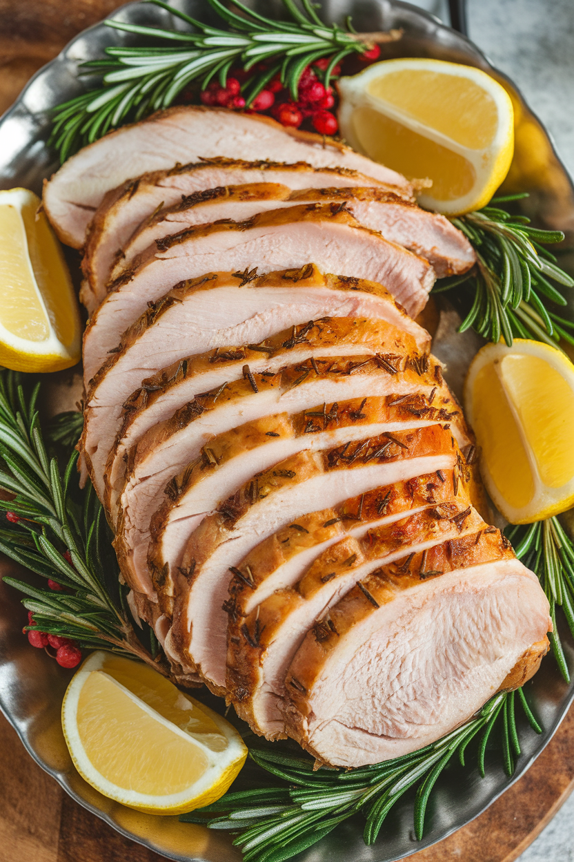 Indoor photo of sliced roasted turkey breast arranged on a serving platter with fresh rosemary and lemon wedges. No text or logos.