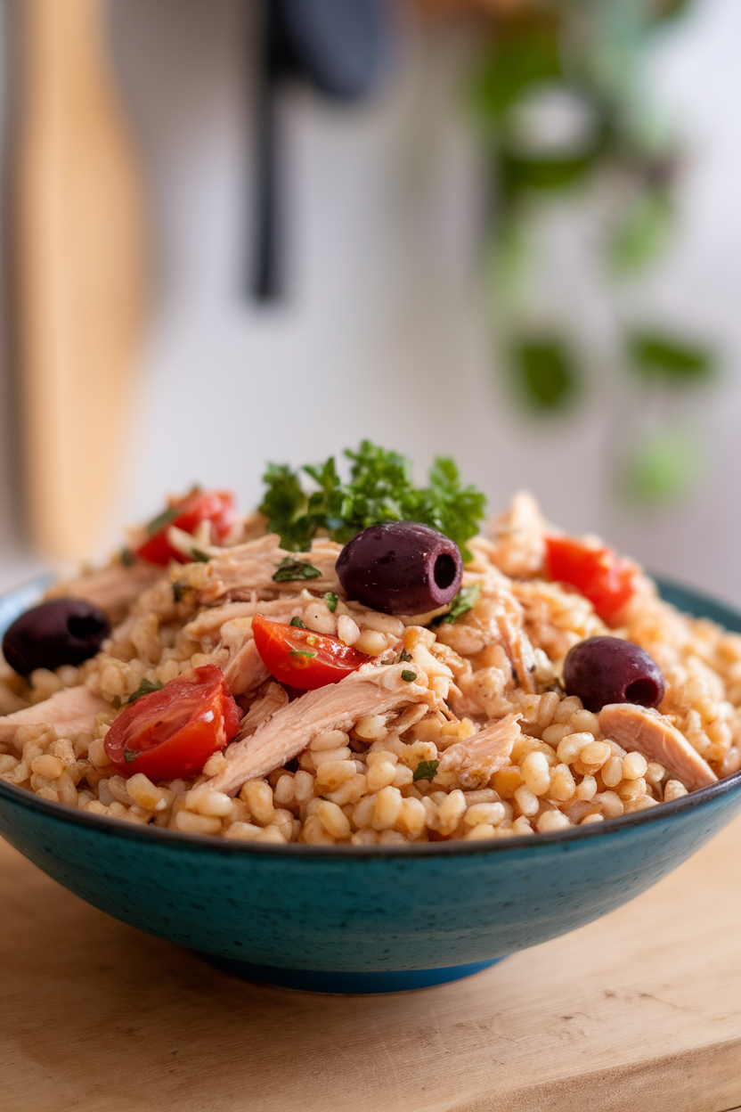 Indoor counter showing a wide bowl of cooked farro, shredded chicken, cherry tomatoes, kalamata olives, and parsley — no text or logos
