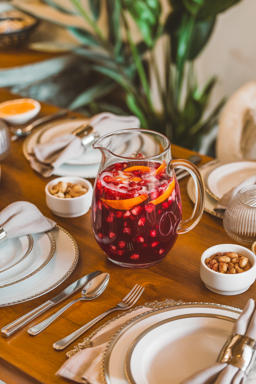Festive indoor dining table with a clear pitcher of ruby pomegranate punch, floating orange slices and pomegranate arils. Photo, no text or logos.