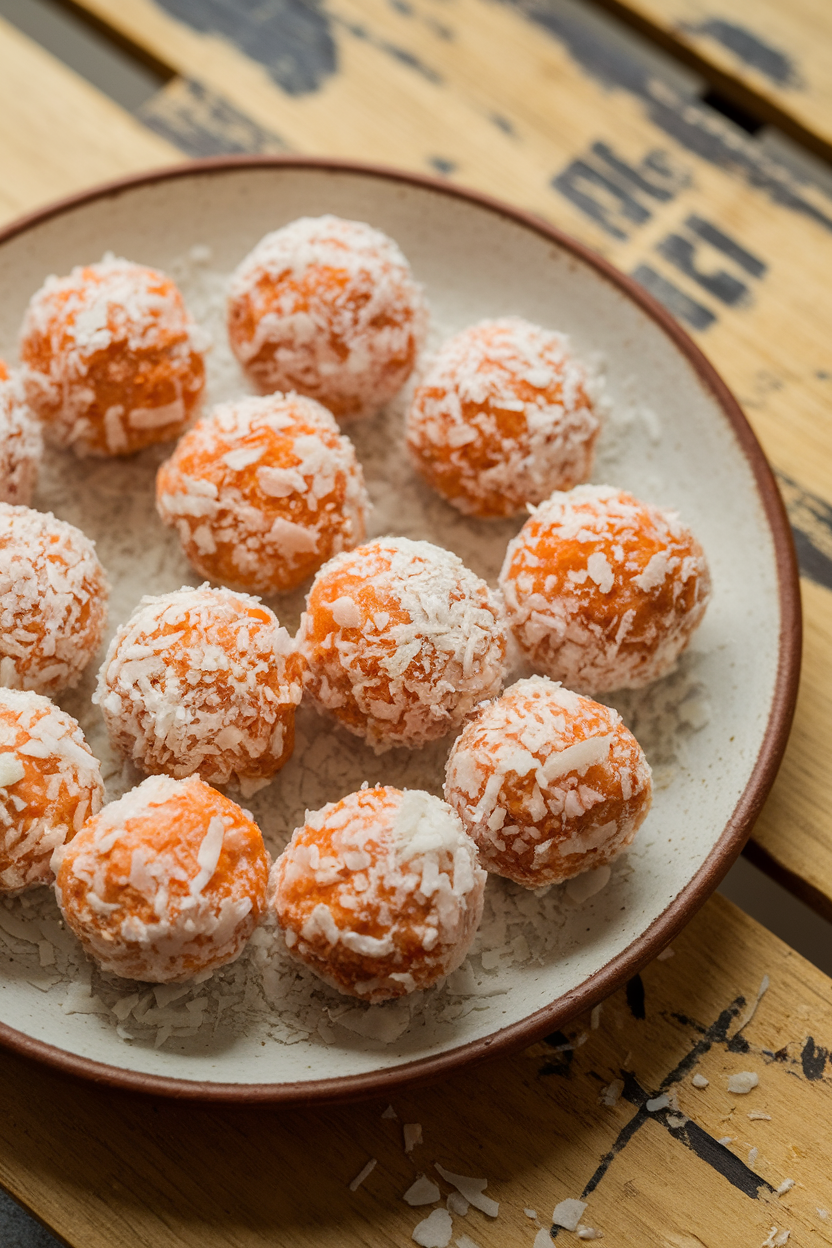 An indoor ceramic plate displaying bite-sized carrot cake energy balls rolled in shredded coconut. Photo, no text or logos.