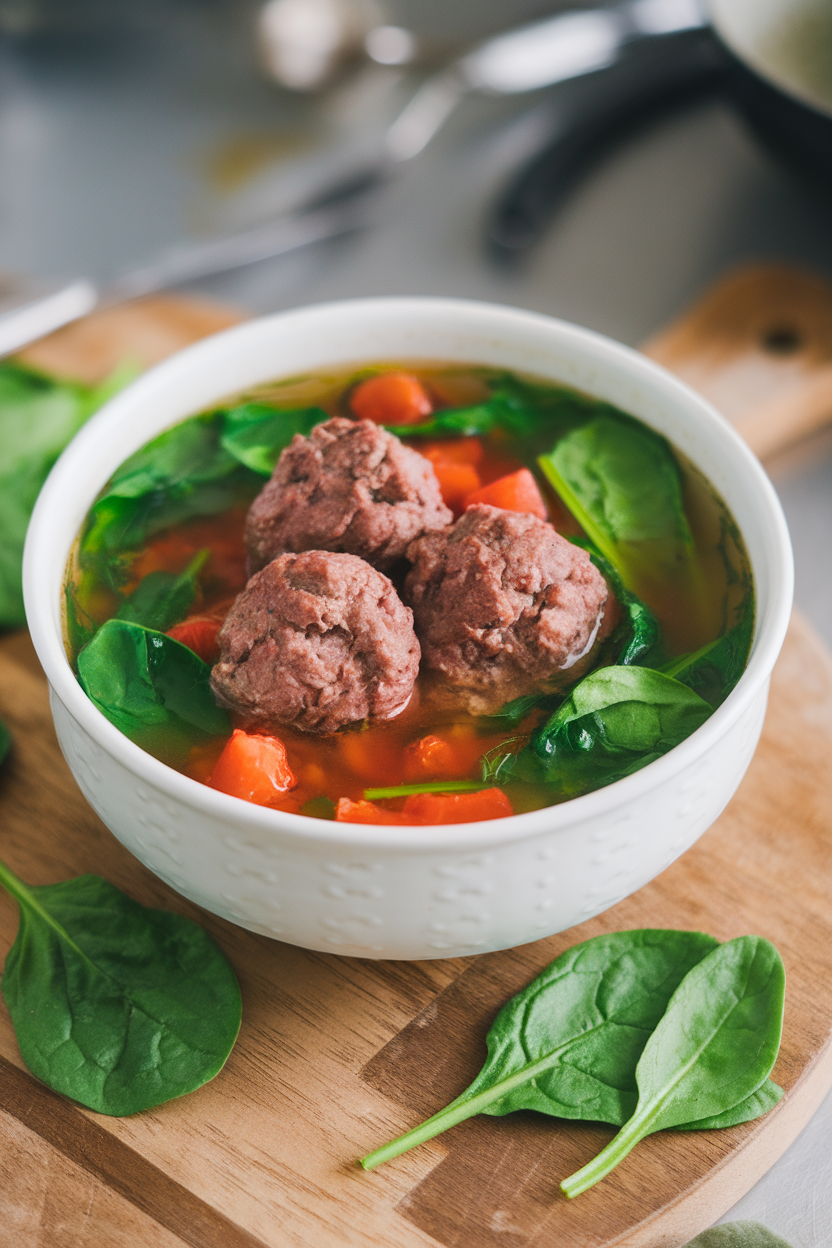 Indoor soup bowl with beef meatballs, bright green spinach leaves, and diced tomatoes in broth—no text or logos.