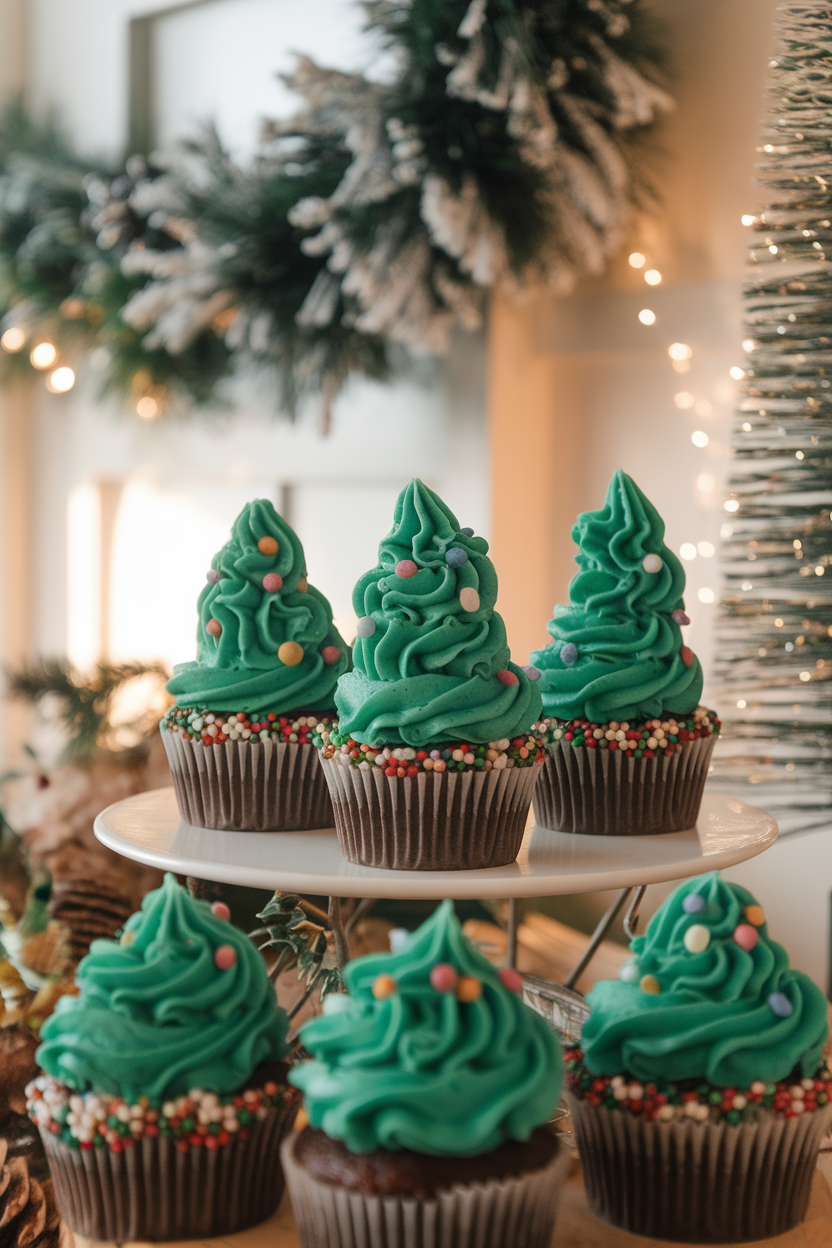 Photo of indoor holiday buffet with cupcakes topped by green buttercream trees piped using a star tip, multicolored sprinkle “lights,” no text or logos.