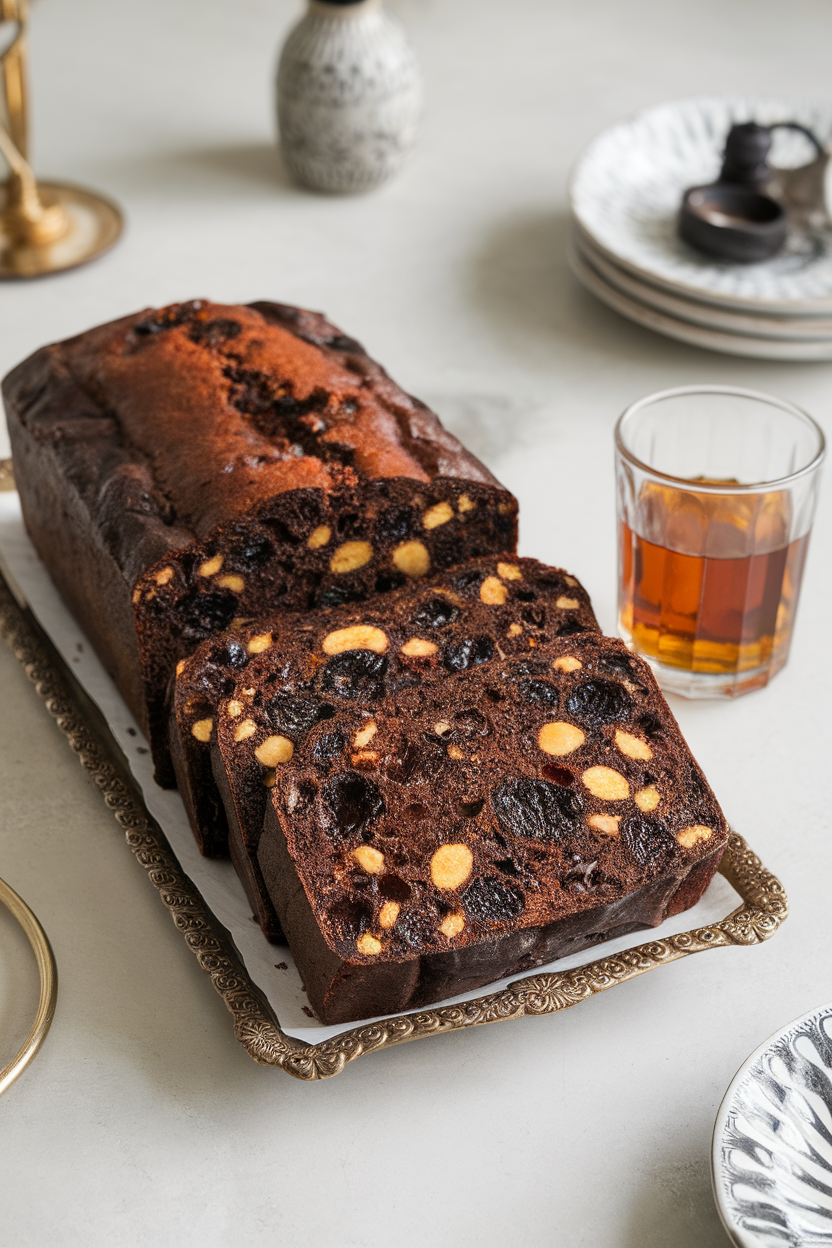 Sliced dark fruitcake loaf on an indoor platter, glistening dried fruit pieces visible, small glass of rum beside. No text or logos.