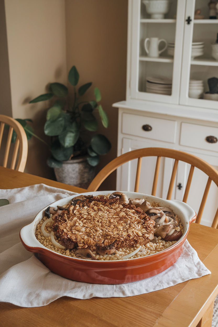 A cozy indoor dining room image of a ceramic gratin dish filled with pearl barley, sautéed mushrooms, onions, and a crispy oat topping, browned. No visible logos or text.