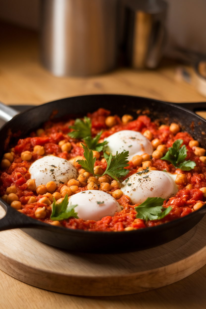 An indoor skillet filled with chunky tomato sauce, poached eggs, and chickpeas, garnished with parsley. Photo, no text or logos.
