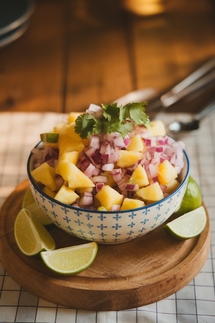 Photo of an indoor dining scene showcasing a bowl of diced pineapple, jicama, red onion, and cilantro with lime juice. No text or logos.