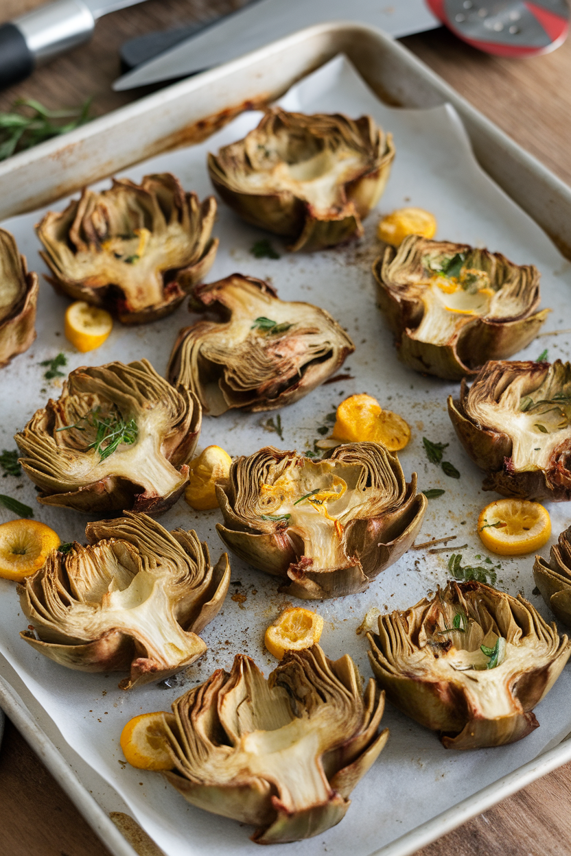 An indoor baking sheet with roasted artichoke heart halves tossed in garlic, lemon zest, and herbs—photo, no text or logos.
