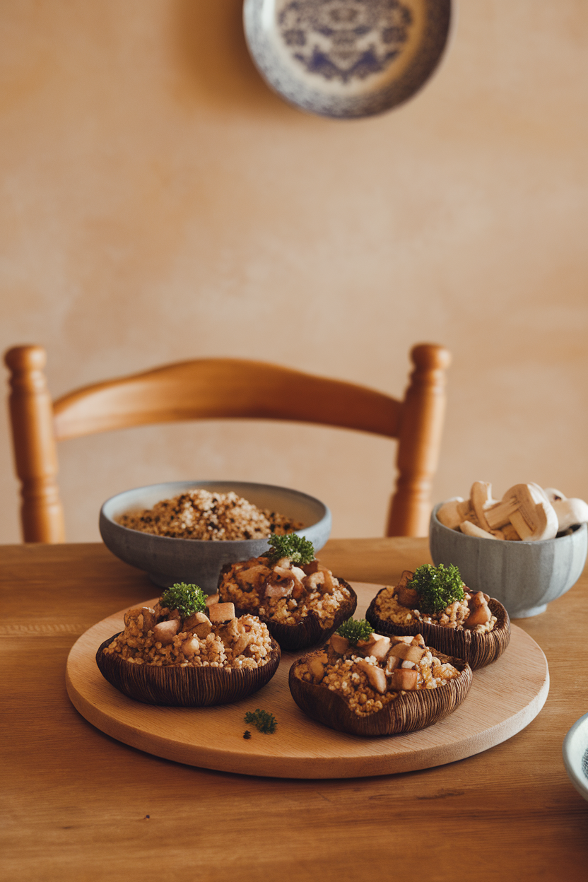 A warm indoor kitchen shot of baked portobello caps filled with quinoa and diced mushrooms, garnished with parsley. Photo, no text or logos.