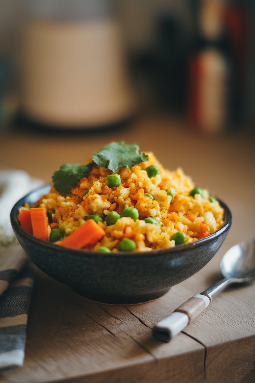 Indoor bowl of turmeric-spiced cauliflower rice topped with peas, carrots, and cilantro; soft midday light, no text or logos.