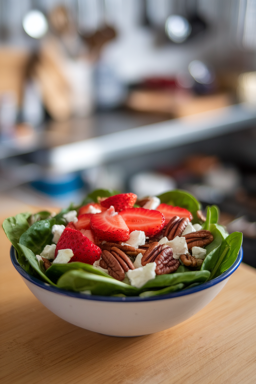 Indoor photo of baby spinach leaves topped with sliced strawberries, toasted pecans, and crumbled goat cheese; no text or logos.