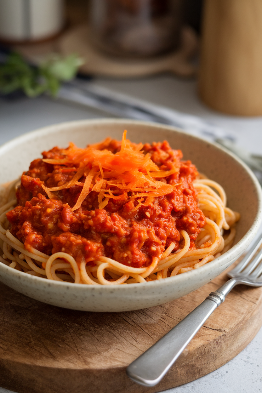 Photo of a bowl of whole-wheat spaghetti topped with thick tomato-meat sauce speckled with finely grated carrots, indoors. No text or logos. Photo, not illustration.