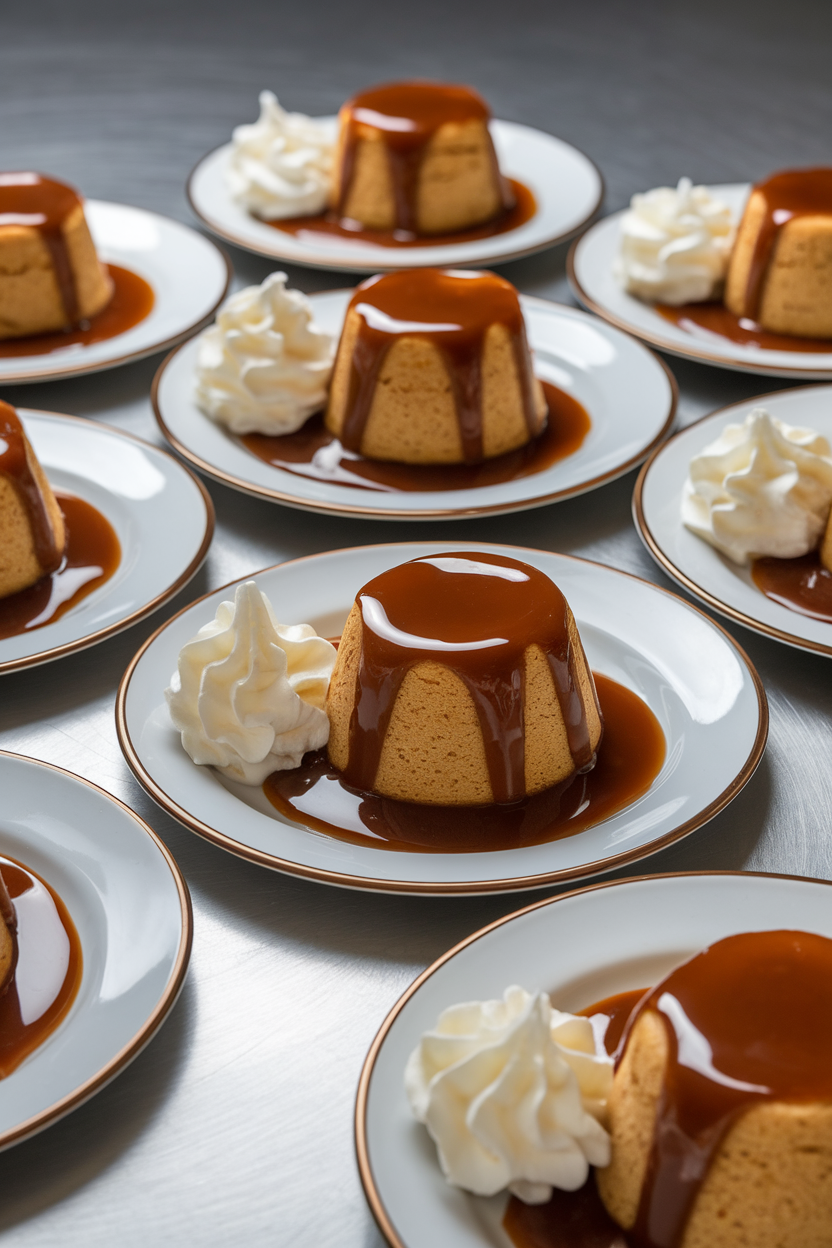 Indoor dessert plates holding small sponge puddings drenched in glossy toffee sauce, whipped cream dollop nearby. No text or logos. Photo only.