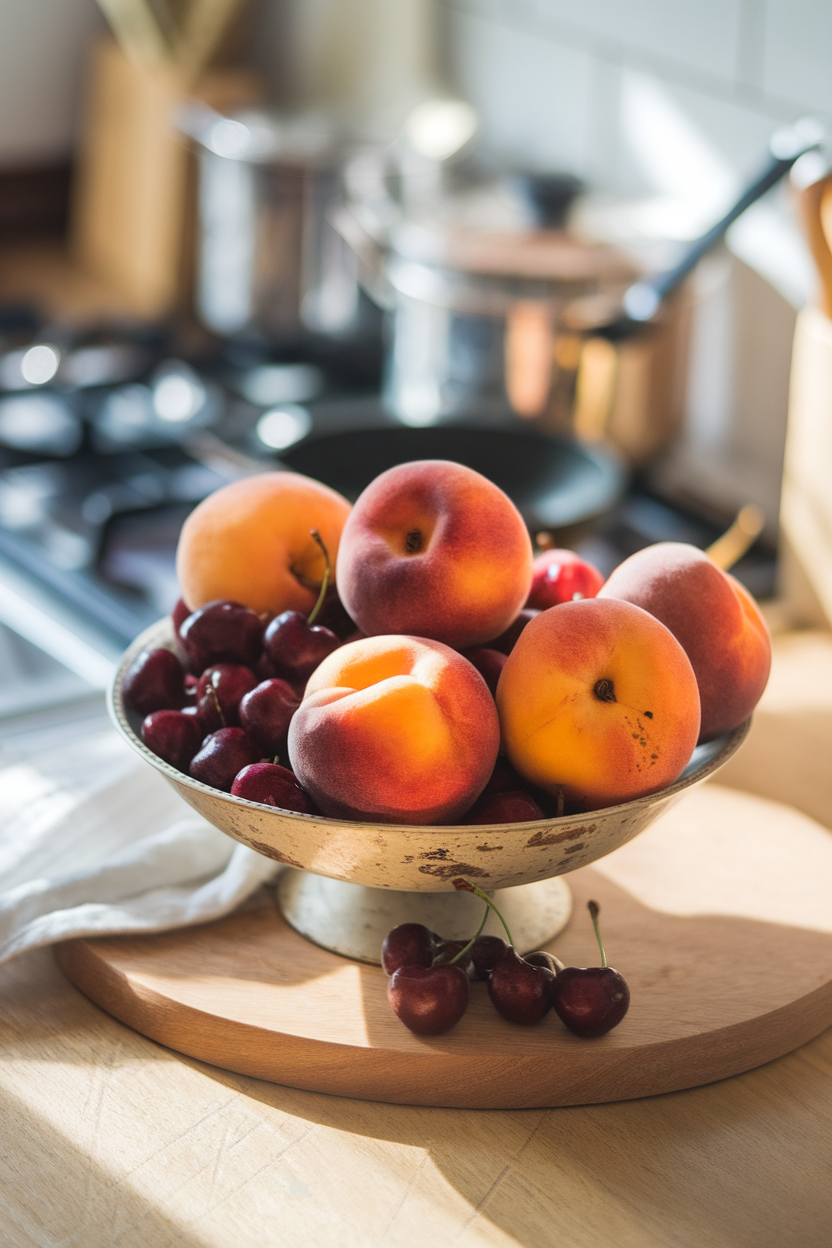 Photo of an indoor fruit bowl filled with ripe peaches and cherries on a sunny kitchen counter. No text or logos visible.