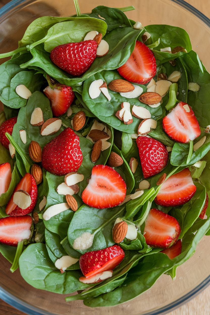 An indoor dining table with a salad of fresh spinach leaves, sliced strawberries, and almonds, lightly dressed. Photo, no text or logos.