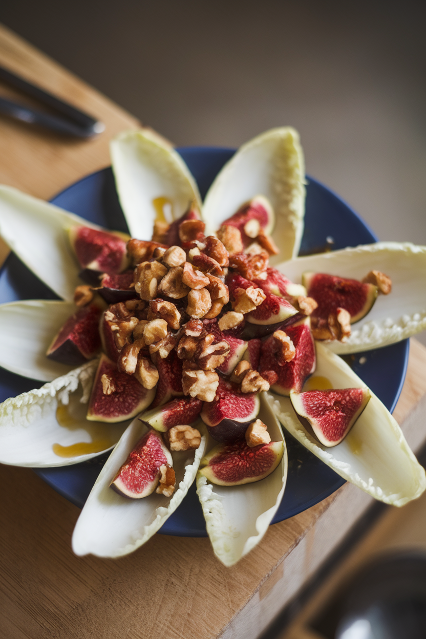 Indoor image of crisp endive leaves holding diced fresh figs, crumbled walnuts, and a drizzle of honey. Soft overhead lighting; scene free of text or logos. Photo only.