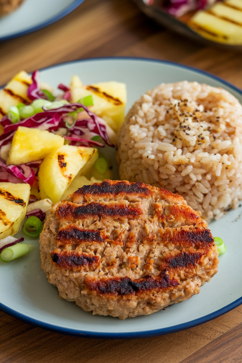 Indoor photo of a bun-less teriyaki turkey patty, scoop of brown rice, and colorful grilled pineapple slaw on a plate. No text or logos.