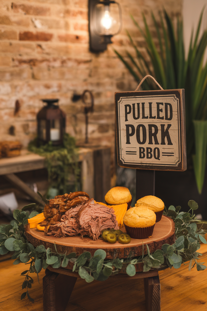 Warm indoor scene with a board featuring pulled pork, smoked cheddar, pickled jalapeños, and cornbread muffins; no text or logos