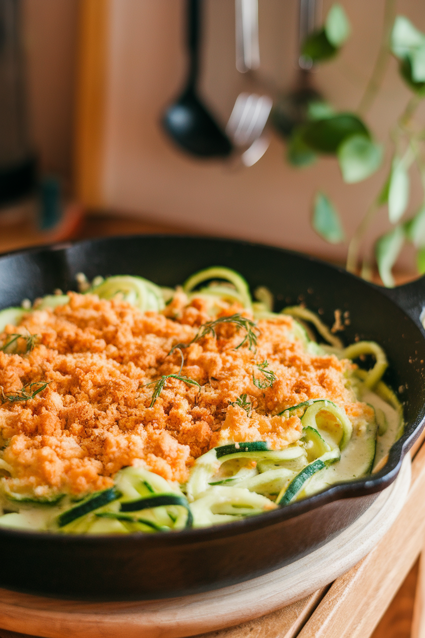 A skillet of zucchini noodles coated in light cheese sauce with breadcrumb topping, indoors. No text or logos.