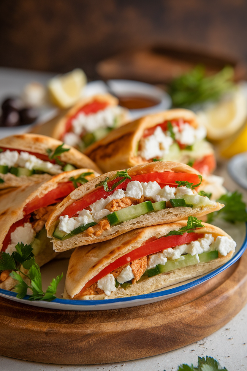 Indoor platter with small whole-wheat pita halves stuffed with cucumber, tomato, feta, and grilled chicken. No text or logos visible.