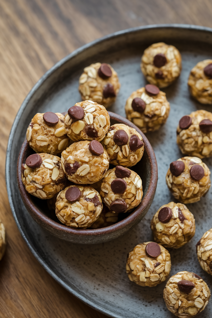An indoor snack tray featuring small round energy bites studded with oats, chopped nuts, and dark chocolate chips, a few bites arranged in a rustic bowl. No text or logos anywhere.