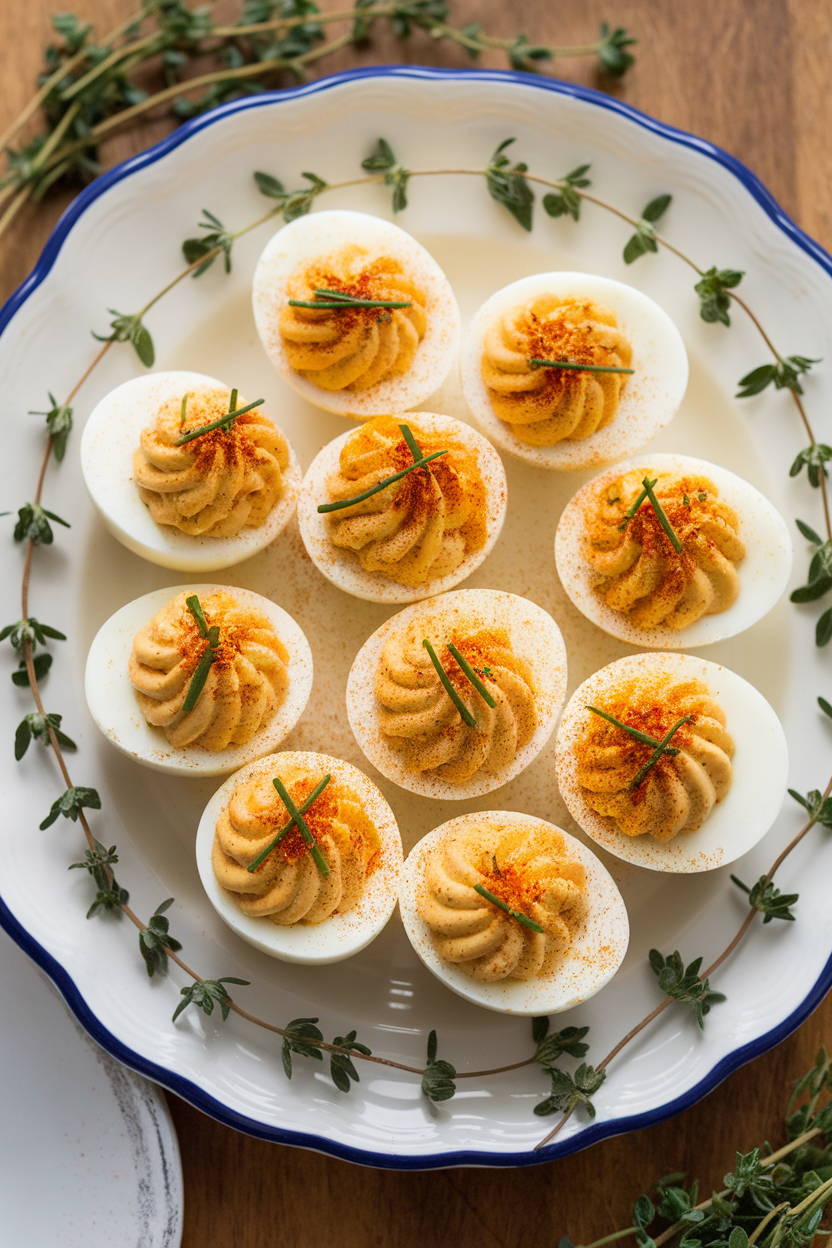 A porcelain indoor platter of deviled eggs garnished with chopped chives and paprika, sprigs of thyme around the edges, no text or logos.