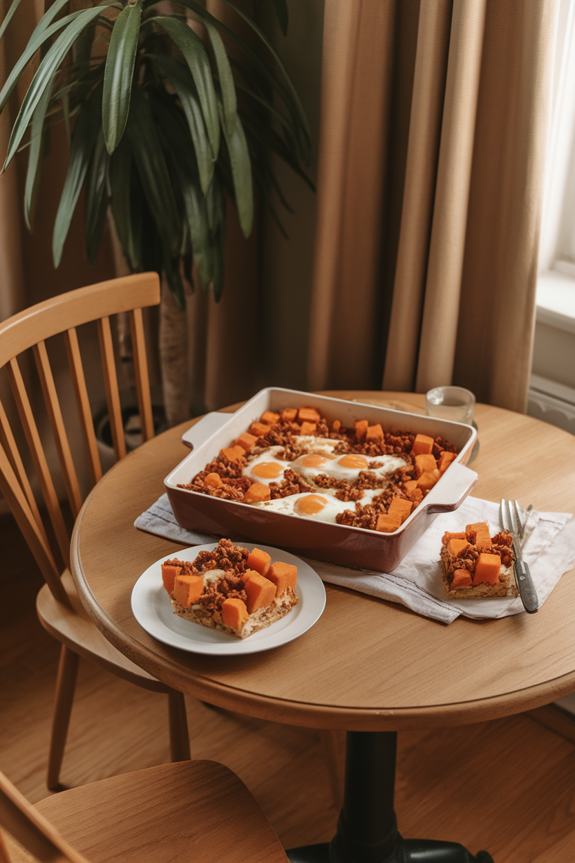 A cozy indoor breakfast nook showing a square casserole of roasted butternut cubes, turkey sausage crumbles, and whisked eggs, slices cut for serving. No brand names or text visible.