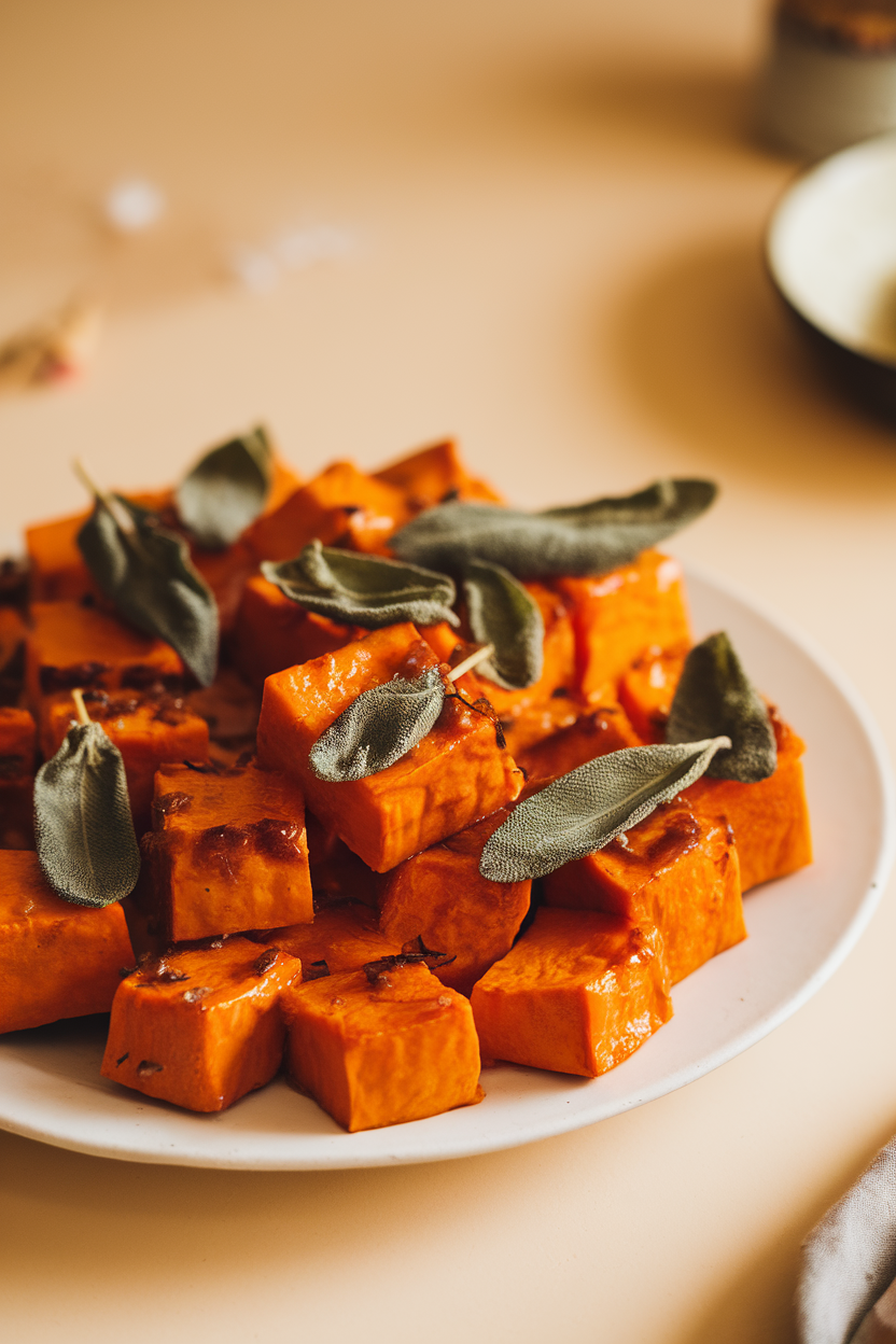 Warm indoor photo of cubed roasted butternut squash sprinkled with crisp sage leaves on a white platter. No text or logos.