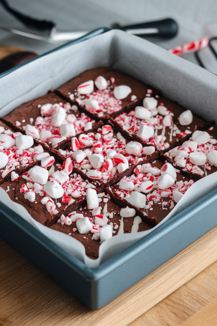 Indoor baking pan of fudgy brownies topped with crushed candy cane pieces and white chocolate drizzle; no text or logos. Photo, not illustration.