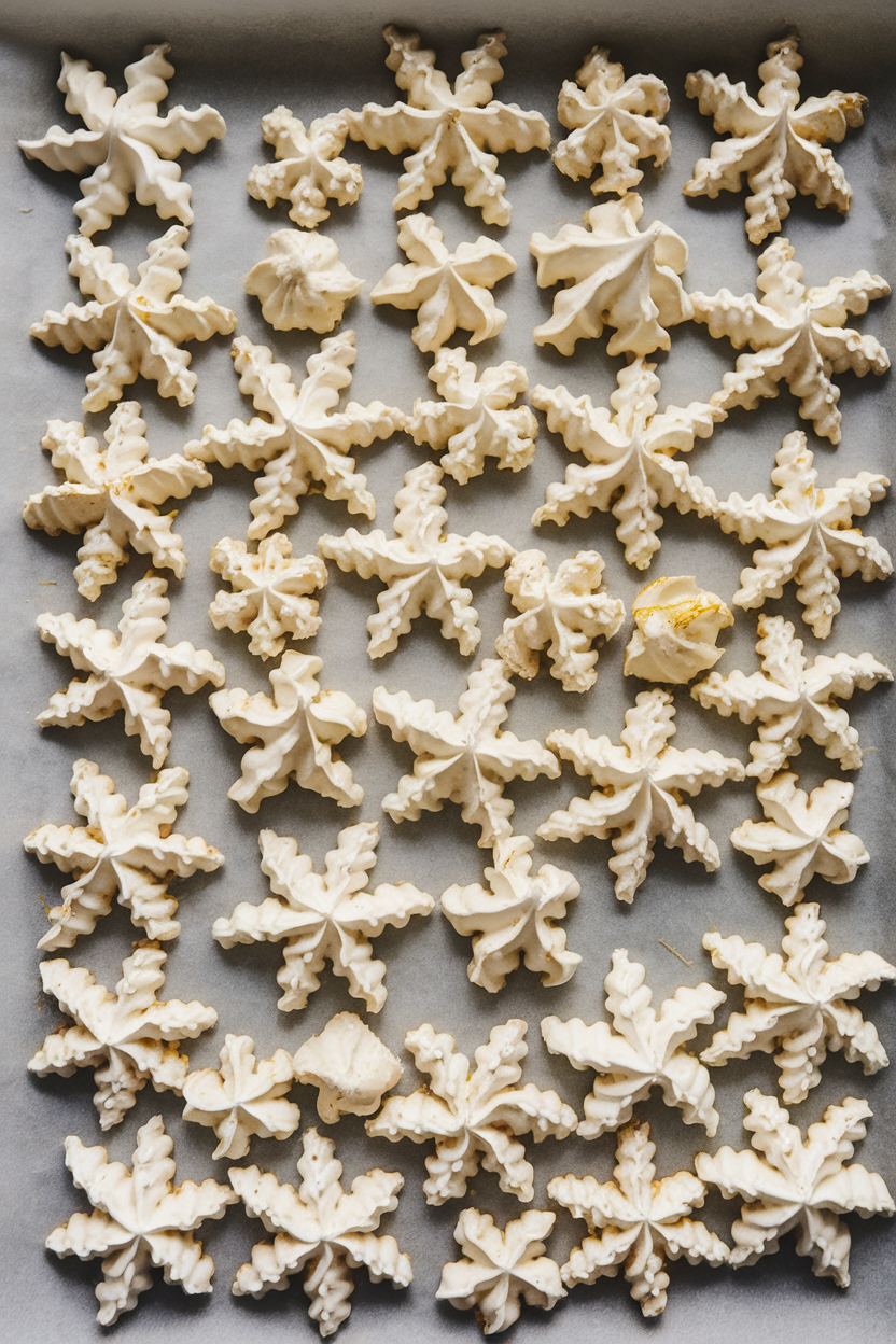 Indoor parchment tray of crisp white meringue cookies piped into snowflake shapes, faint lemon zest visible. Photo, no text or logos.