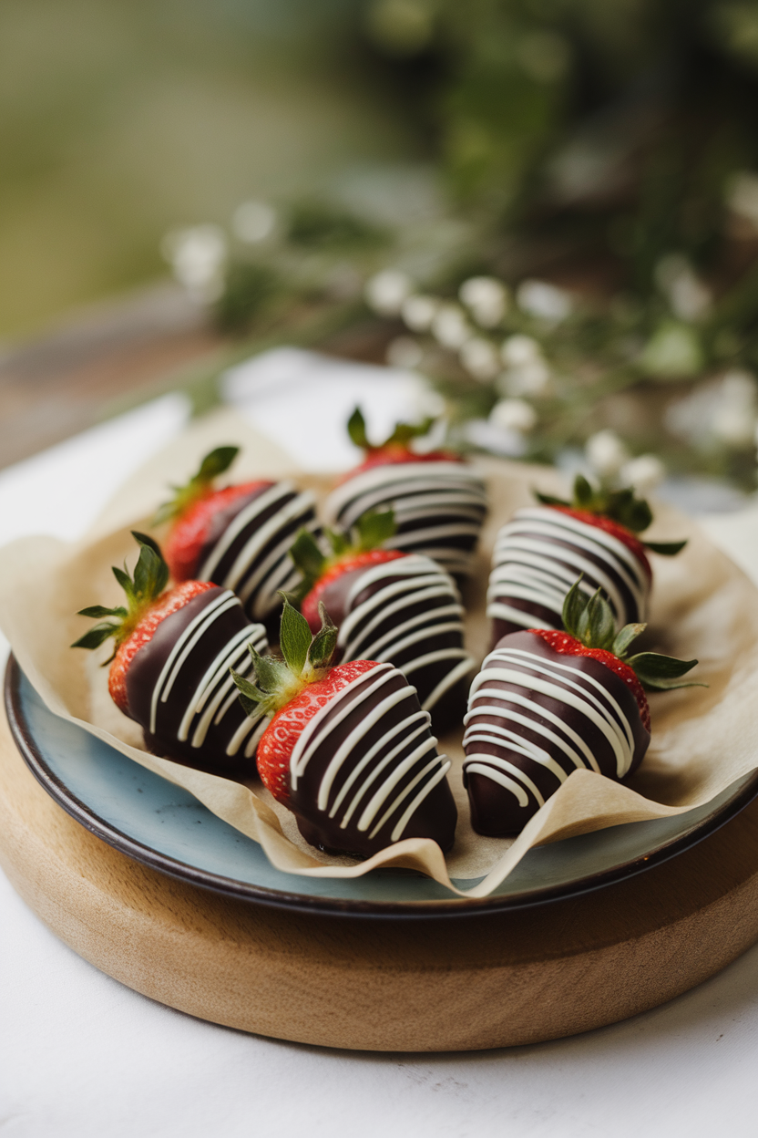 Photo of an indoor dessert plate with glossy chocolate-covered strawberries resting on parchment, drizzle of white chocolate on a few, soft lighting; no text or logos.