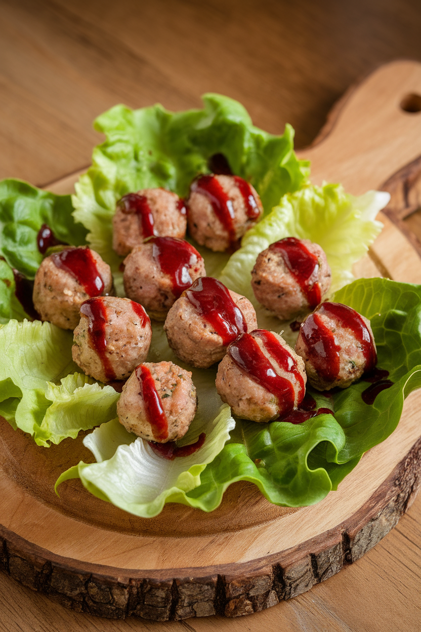 Indoor photo of crisp lettuce leaves holding small browned turkey meatballs drizzled with cranberry mustard, placed on a wooden serving board. No text or logos.