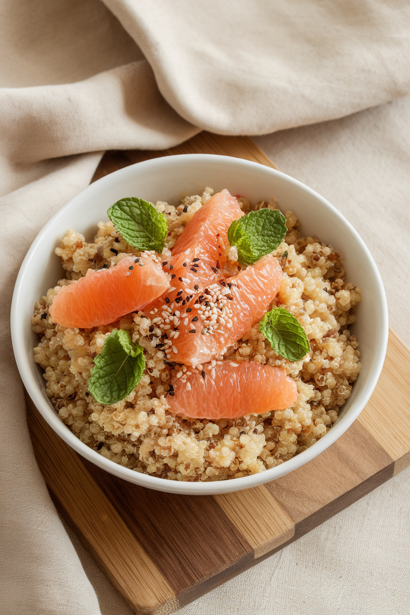 An indoor bowl featuring fluffy quinoa tossed with grapefruit segments and fresh mint leaves; bright yet soft lighting; no logos.