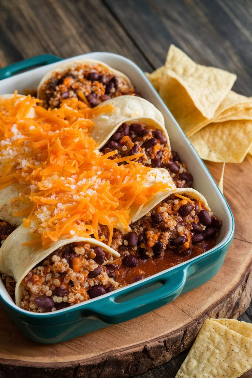 Indoor casserole with tortillas stuffed with black beans and quinoa in chipotle sauce, topped with modest cheese, no logos.