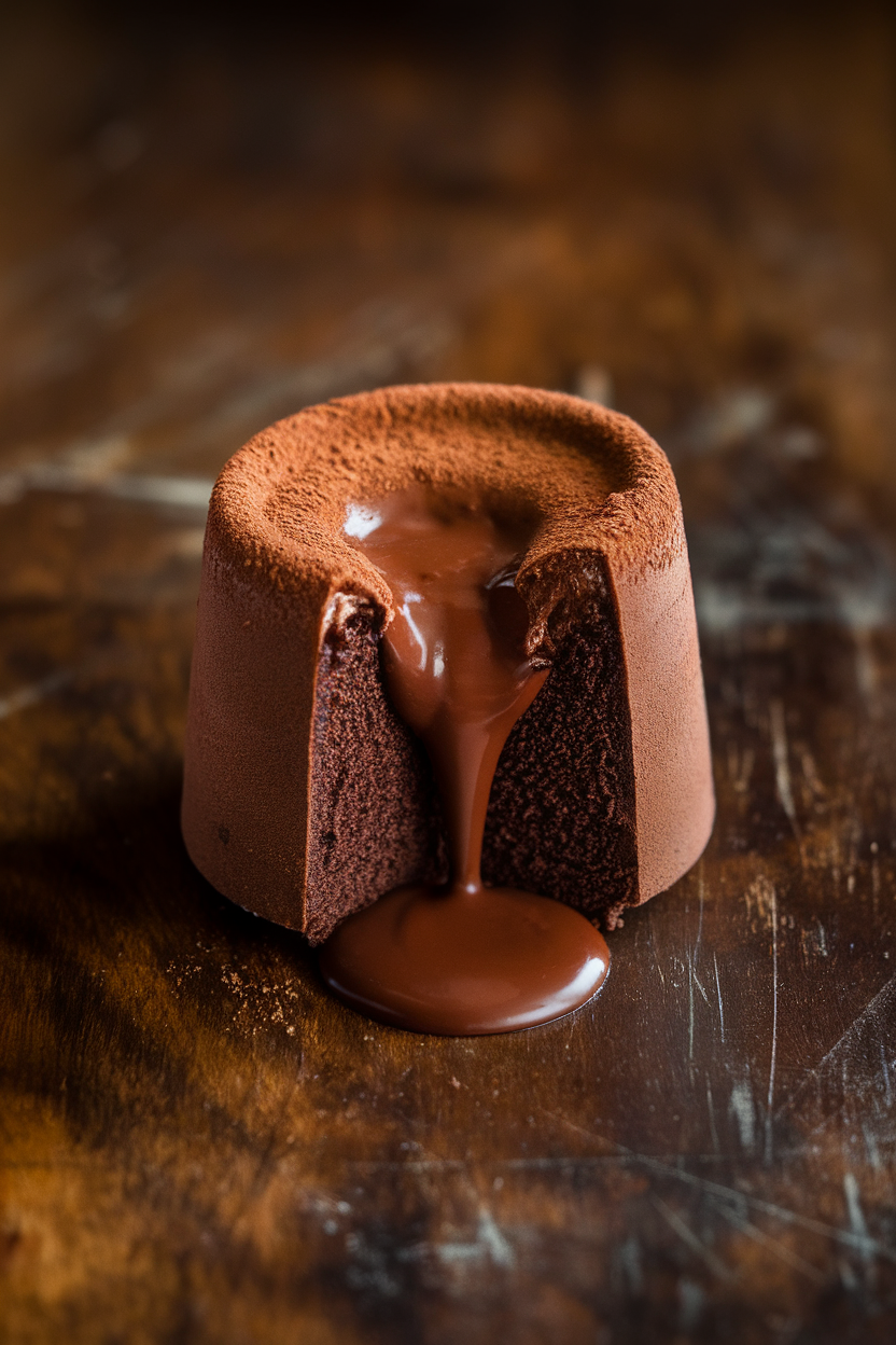 Indoor photo of a mini chocolate cake broken open with flowing molten center, dusting of cocoa powder, no text or logos