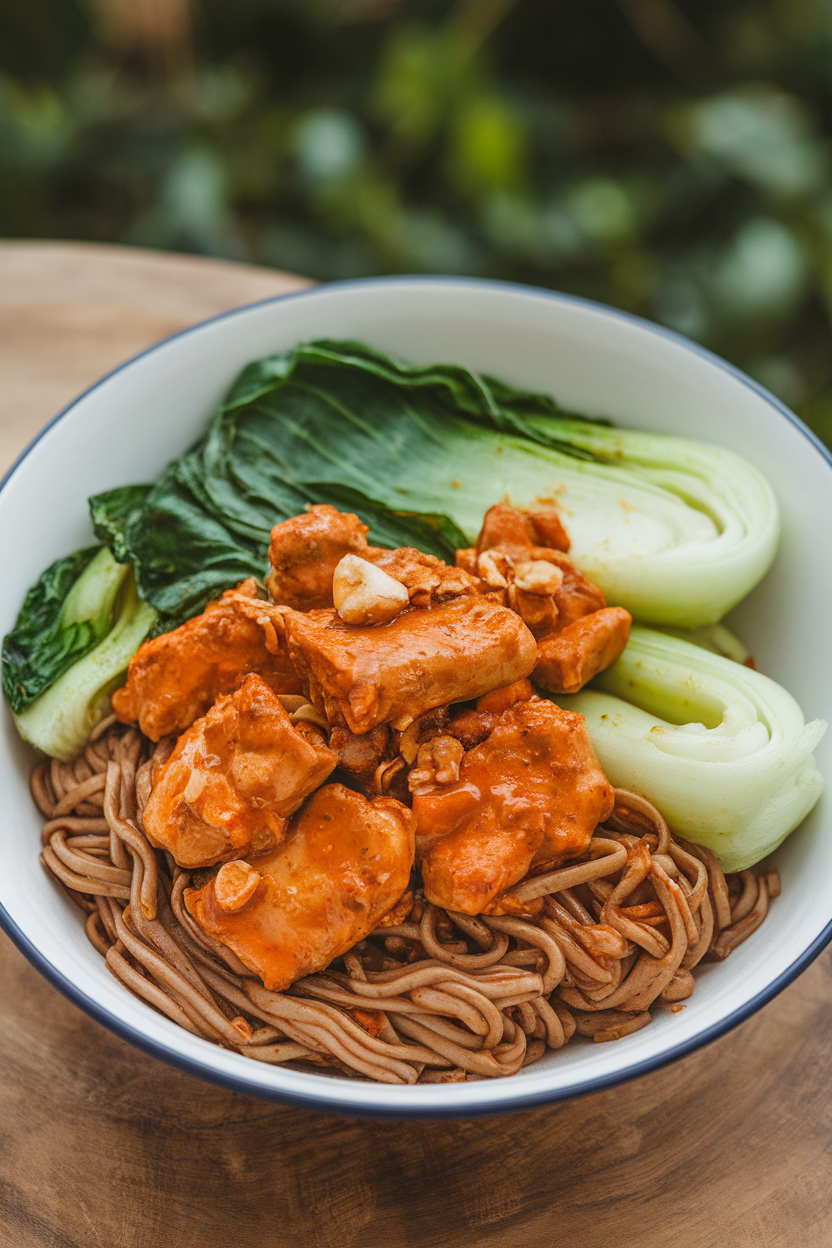 Indoor photo of spicy peanut chicken pieces, brown rice noodles, and sautéed bok choy on a bowl. No text or logos.