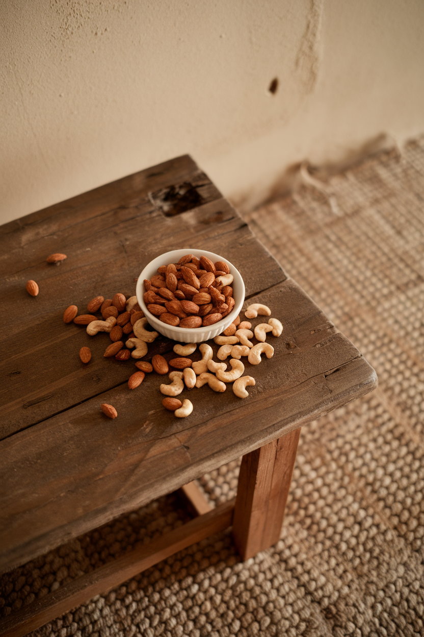Photo of a small indoor bowl overflowing with roasted almonds and cashews placed on a wooden coffee table. No text or logos.